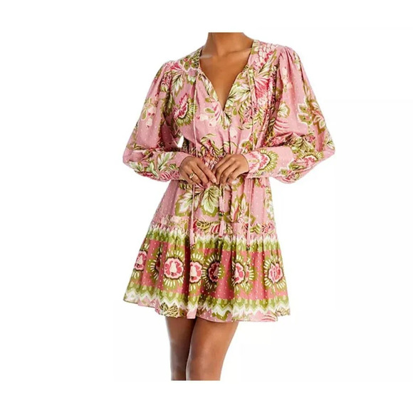 Farm Rio New Aura Floral Pink Tiered Mini Peasant Dress Medium Long Sleeve - Picture 15 of 15